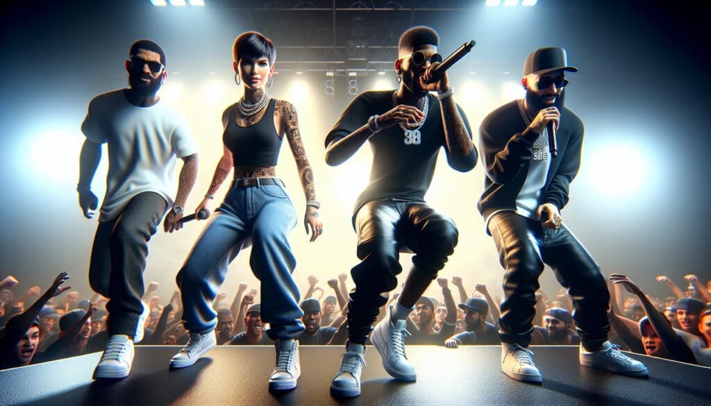 Rappeur Eminem, Eve et Eazy-E performant sur sc&egrave;ne avec foule en arri&egrave;re-plan.