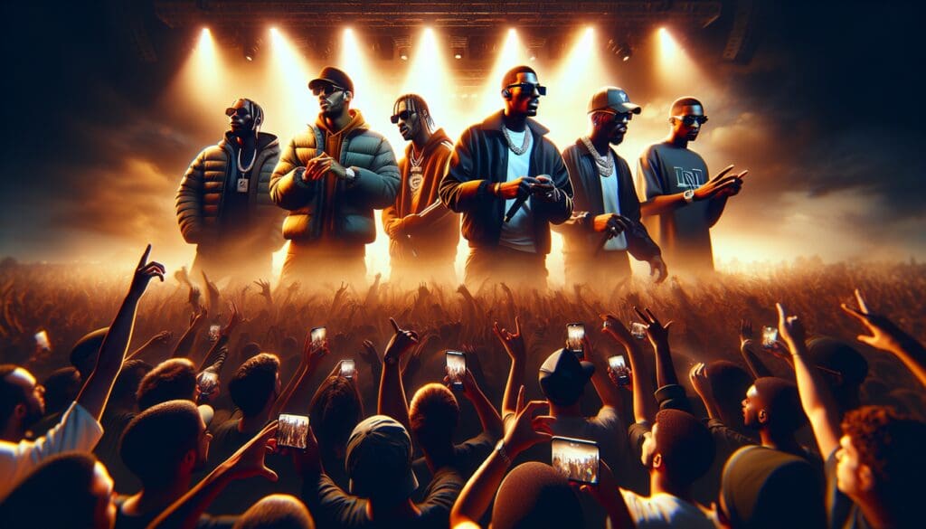 Rappeurs fran&ccedil;ais Masculins en concert hip-hop dynamique &agrave; la tomb&eacute;e de la nuit.alt: Rappeurs fran&ccedil;ais en concert.