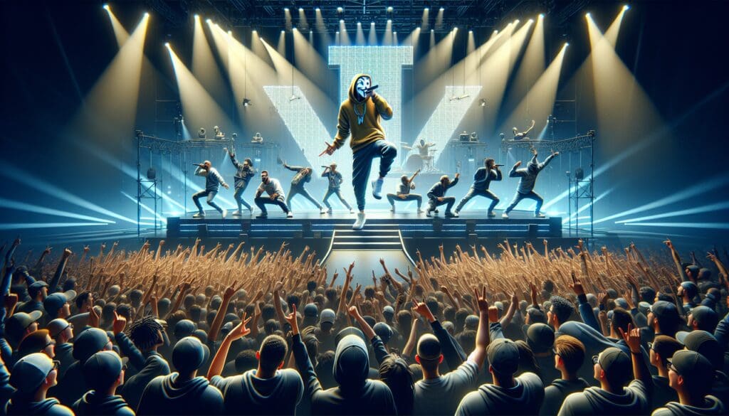 Rappeur en N performant sur sc&egrave;ne lors d'un concert de rap.