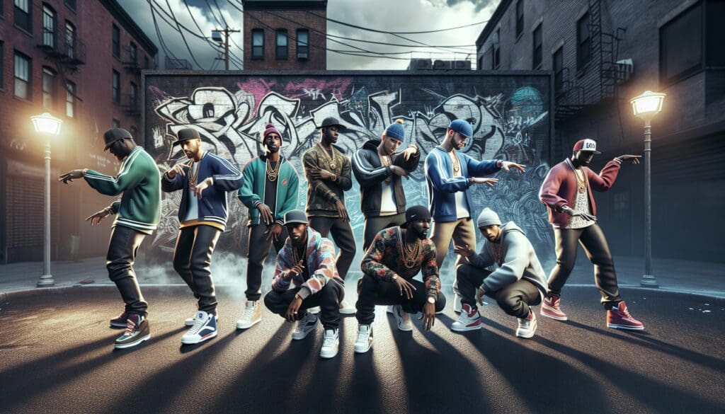 Rappeurs en Q dans une cypher expressive avec graffitis urbains en arri&egrave;re-plan.