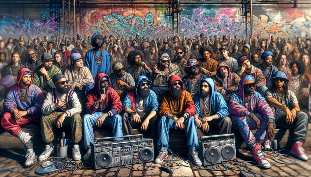 Rappeur en S, groupe diversifié dans un décor urbain coloré, influencé par le hip-hop.