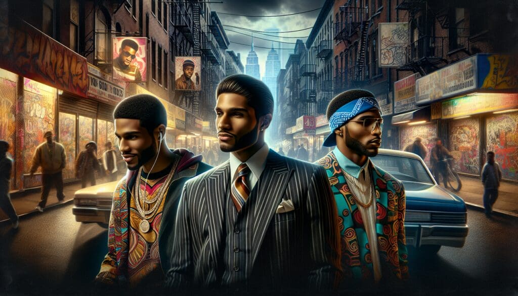 Rappeur en T dans une sc&egrave;ne urbaine avec T.I., Tyga, et Tupac, chacun avec un style distinct.