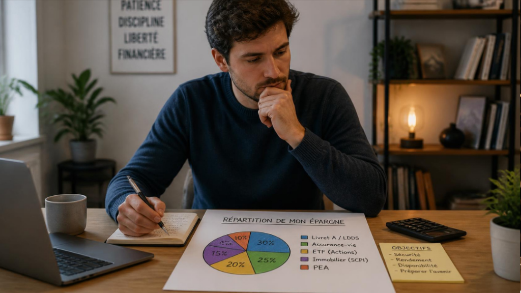 Personne réfléchissant à la répartition de son épargne entre plusieurs placements