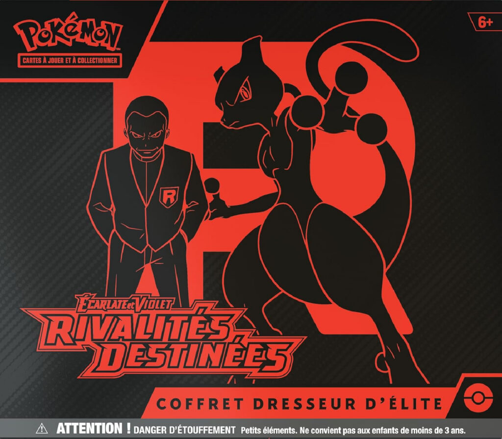 Coffret Dresseur d'Élite ETB Rivalités Destinées ouvert avec ses boosters et ses accessoires de jeu