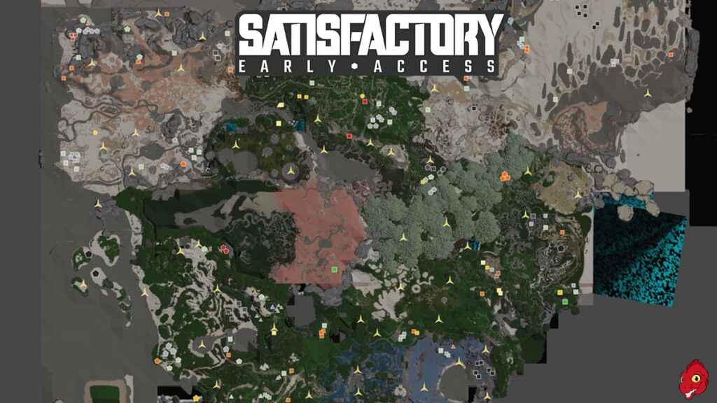 Carte du monde de Satisfactory affichant les biomes et les nœuds de ressources