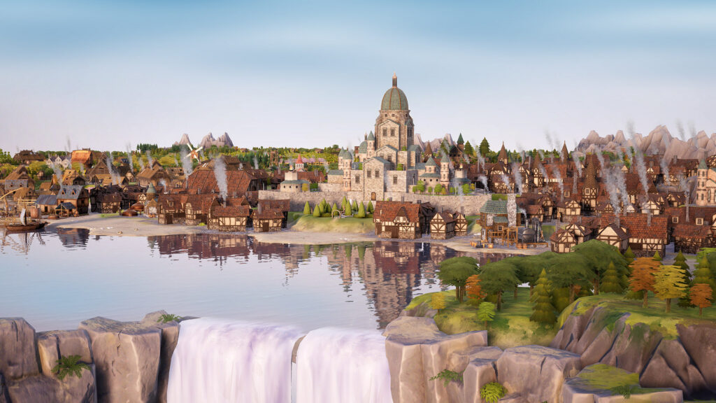 Village méditerranéen en voxels construit dans le jeu Town to City, avec ruelles sinueuses et front de mer